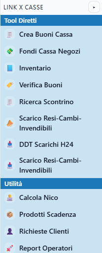 Menu cassa con buoni, fondi cassa, inventario, ricerca scontrino, prodotti scadenza e report operatori