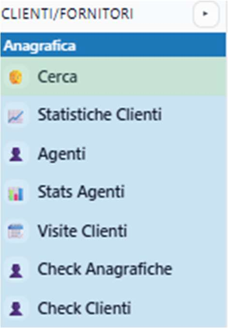 Menu clienti e fornitori con statistiche clienti, agenti, visite e check anagrafiche